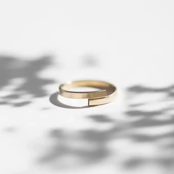 N6986h Bague réglable plaqué or minimaliste femme sur acier – Bijoux Bagues en ligne Ninanina Zoom sur la bague réglable en plaqué or minimaliste pour femme sur fond blanc et gris - Design chic en acier inoxydable doré