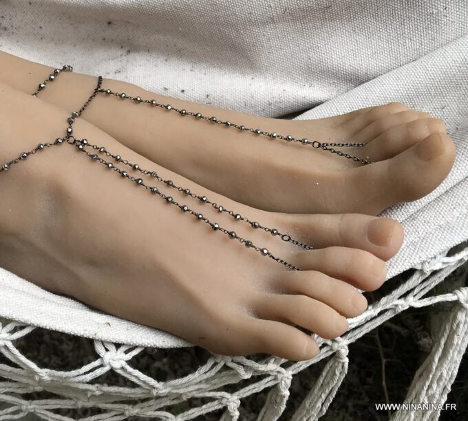 N6987i Bijou pyrite noir - Bracelet chaine de pied pierre fine - Bijoux Bracelets en ligne Ninanina