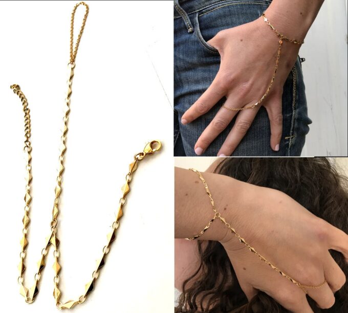 N6993a Chaine de main or plaqué - Bracelet bague femme doré - Bijoux Chaines en ligne Ninanina