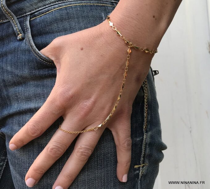 N6993b Chaine de main or plaqué - Bracelet bague femme doré - Bijoux Chaines en ligne Ninanina