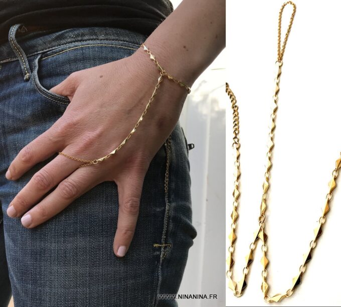 N6993f Chaine de main or plaqué - Bracelet bague femme doré - Bijoux Chaines en ligne Ninanina