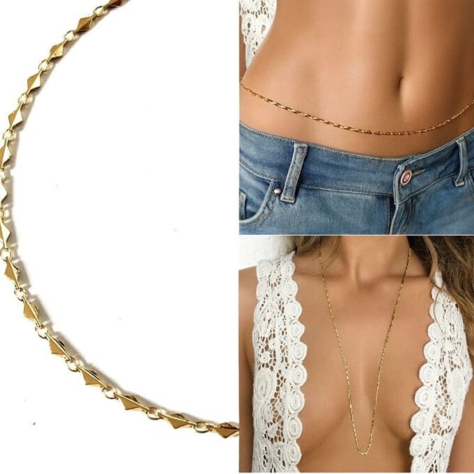 N7002b Chaine de taille plaqué or artisanale pour femme maille losange doré - Bijoux de corps en ligne Ninanina