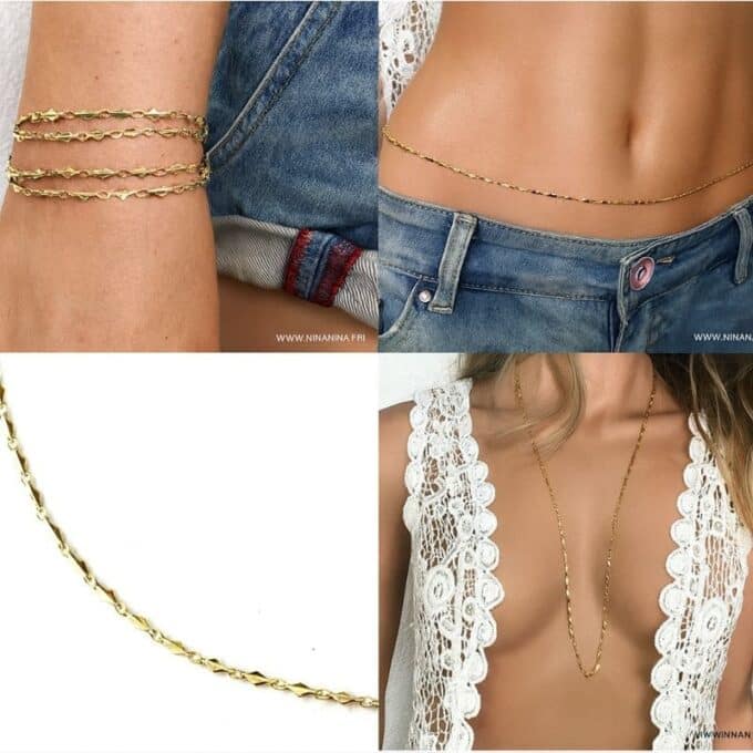 N7002c Chaine de taille plaqué or artisanale pour femme maille losange doré - Bijoux de corps en ligne Ninanina