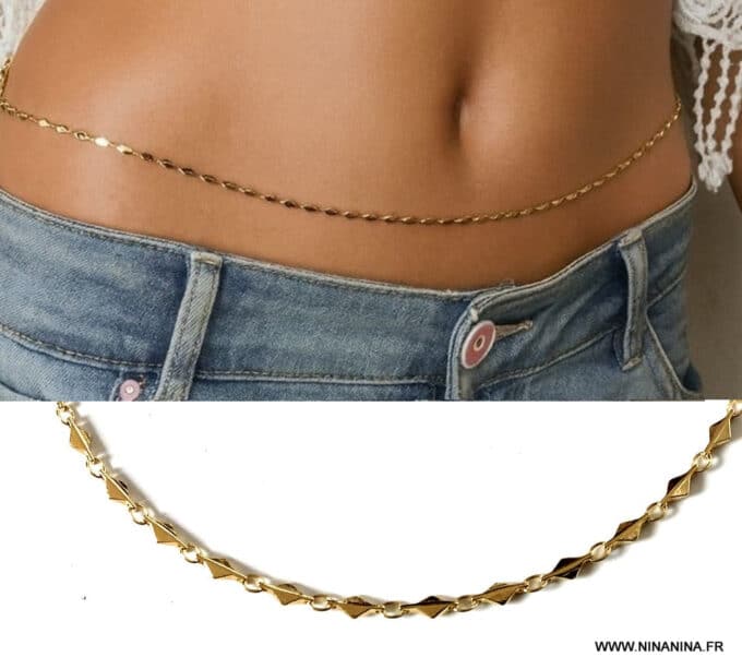 N7002e Chaine de taille plaqué or artisanale pour femme maille losange doré - Bijoux de corps en ligne Ninanina