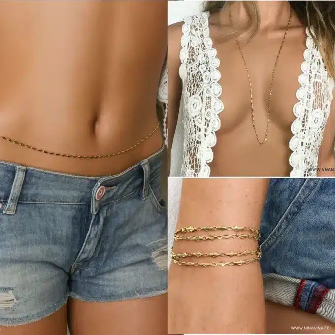 N7002e Chaine de taille plaqué or artisanale pour femme maille losange doré - Bijoux de corps en ligne Ninanina
