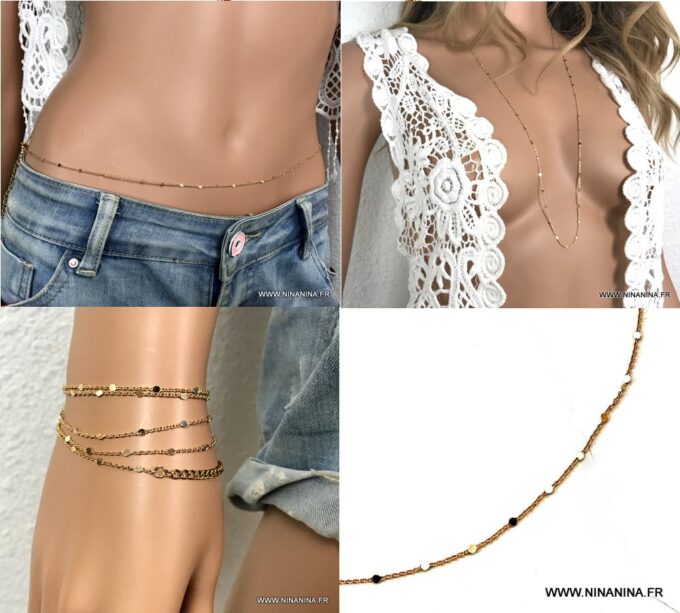N7006b Chaine de taille fine plaqué or pas cher maille fantaisie dorée - Bijoux de corps en ligne Ninanina