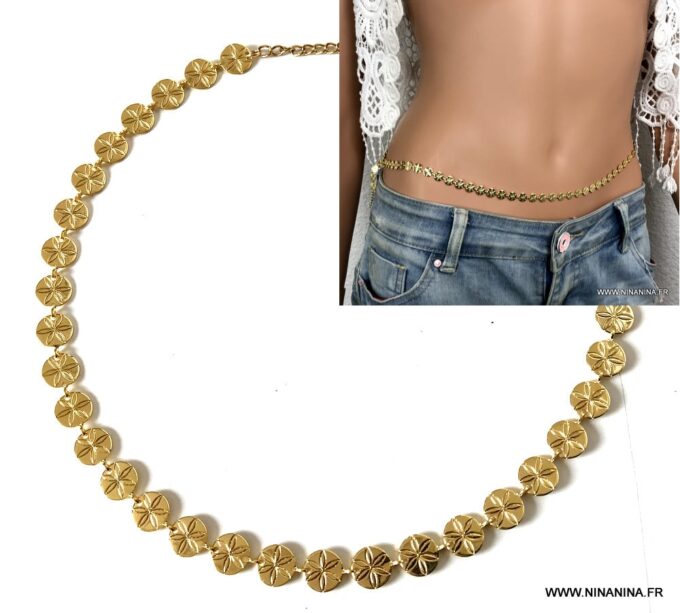 N7008a Chaine ventre or plaqué femme pastille dorée - Bijoux de corps en ligne Ninanina