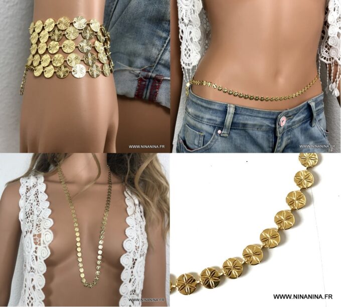 N7008c Chaine ventre or plaqué femme pastille dorée - Bijoux de corps en ligne Ninanina