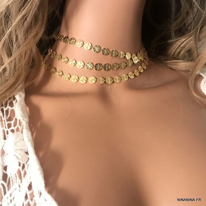 N7009I Chaine sautoir or plaqué femme - collier long pastille dorée - Bijoux Colliers en ligne Ninanina