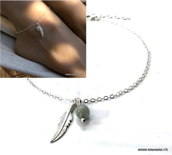N7012a Chaîne de cheville argent plume Aigue marine naturelle - Bijoux de pied en ligne Ninanina