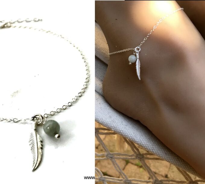 N7012d Chaîne de cheville argent plume Aigue marine naturelle - Bijoux de pied en ligne Ninanina
