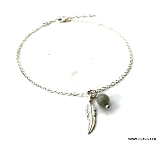 N7012g Chaîne de cheville argent plume Aigue marine naturelle - Bijoux de pied en ligne Ninanina