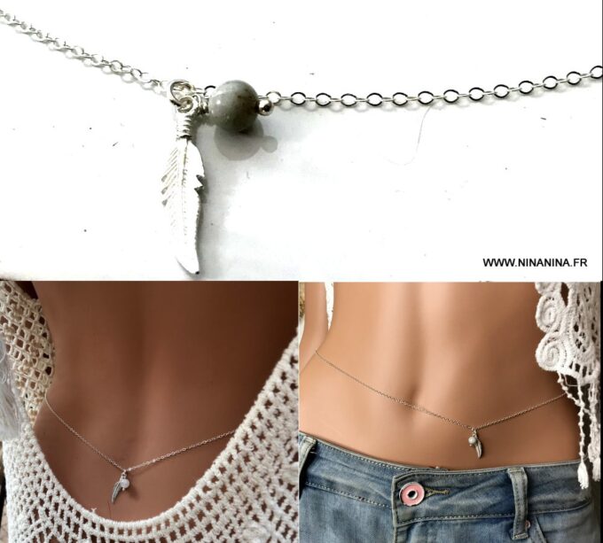 N7013a Bijou pierre de naissance mars - Chaine de taille plume Argent - Bijoux de corps en ligne Ninanina