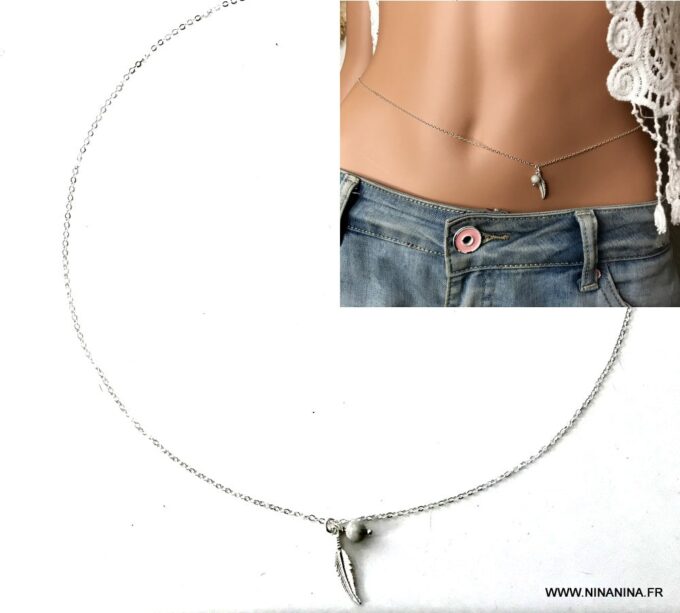 N7013f Bijou pierre de naissance mars - Chaine de taille plume Argent - Bijoux de corps en ligne Ninanina