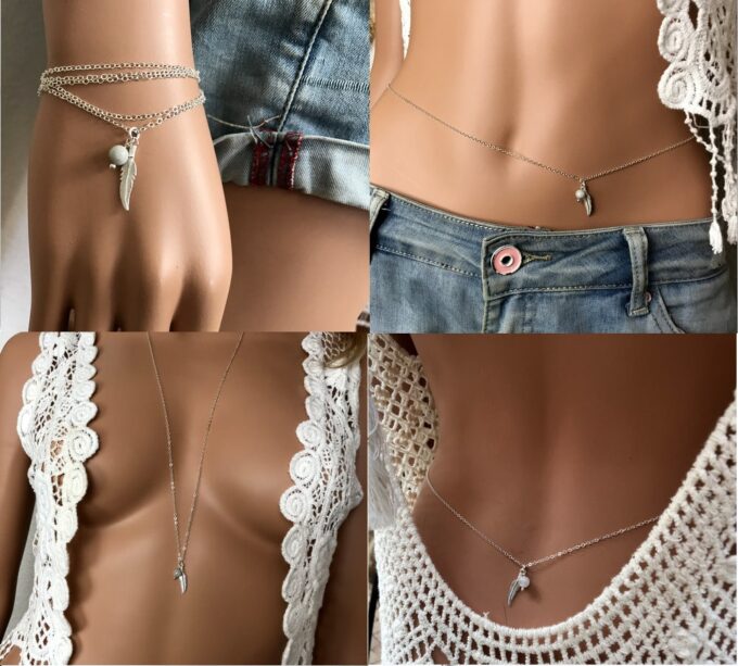 N7013g Bijou pierre de naissance mars - Chaine de taille plume Argent - Bijoux de corps en ligne Ninanina