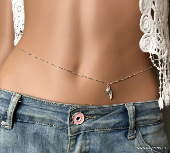 N7013i Bijou pierre de naissance mars - Chaine de taille plume Argent - Bijoux de corps en ligne Ninanina