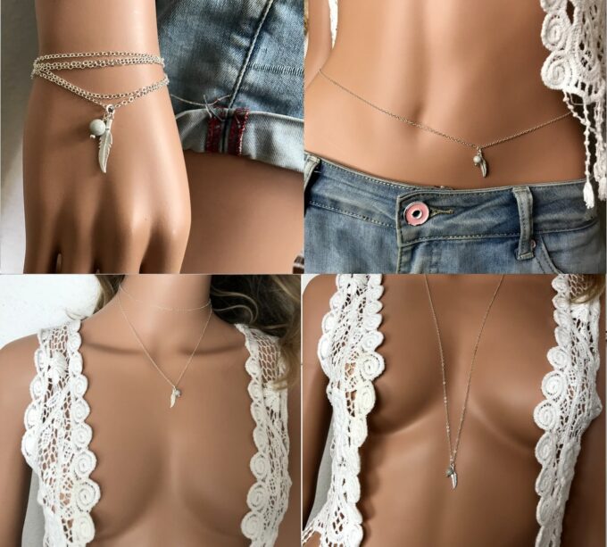 N7014a Sautoir avec plume Argent - Collier long aigue marine femme - Bijoux Colliers en ligne Ninanina