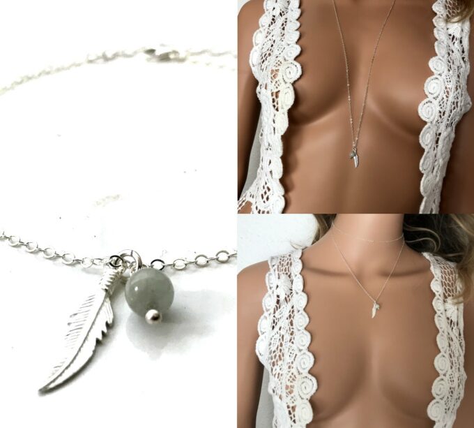 N7014b Sautoir avec plume Argent - Collier long aigue marine femme - Bijoux Colliers en ligne Ninanina