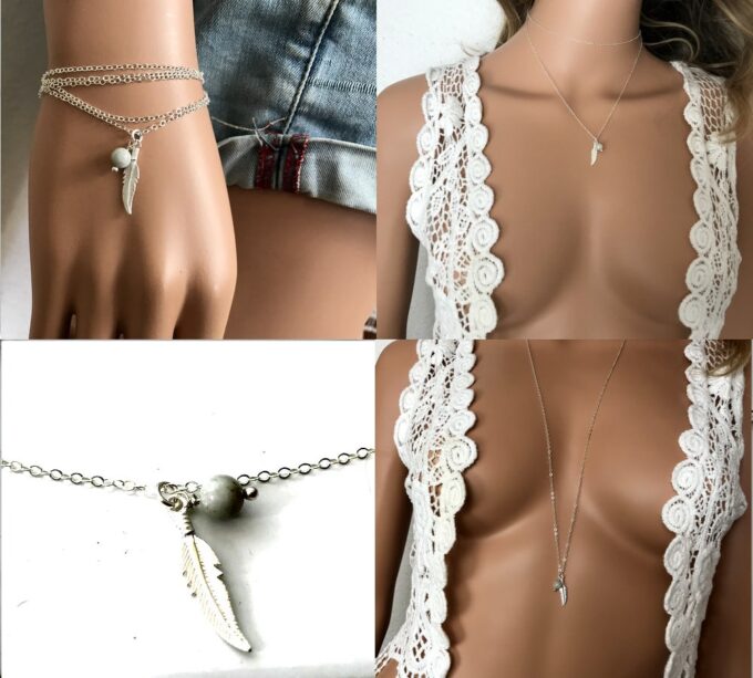 N7014f Sautoir avec plume Argent - Collier long aigue marine femme - Bijoux Colliers en ligne Ninanina