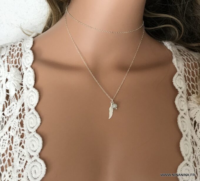 N7014g Sautoir avec plume Argent - Collier long aigue marine femme - Bijoux Colliers en ligne Ninanina
