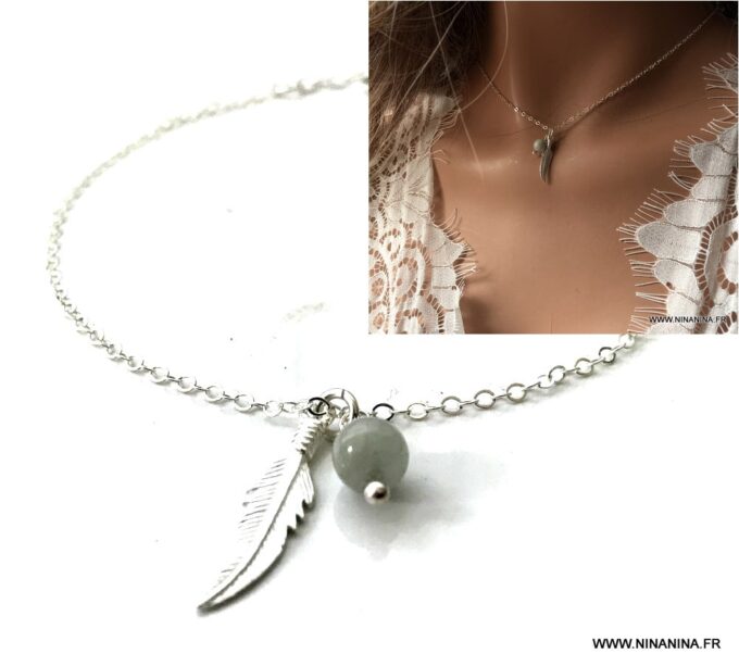 N7015a Collier ras de cou plume Argent et aigue marine femme - Bijoux Colliers en ligne Ninanina