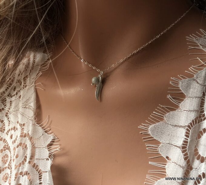 N7015b Collier ras de cou plume Argent et aigue marine femme - Bijoux Colliers en ligne Ninanina
