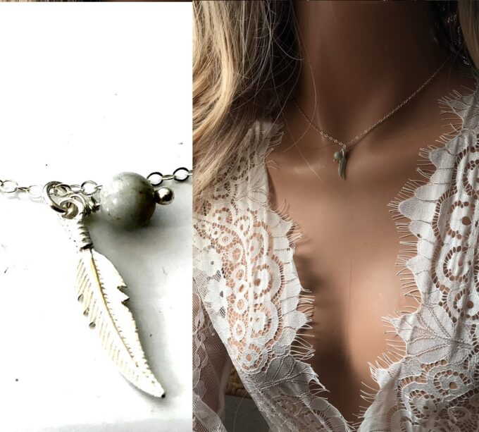 N7015d Collier ras de cou plume Argent et aigue marine femme - Bijoux Colliers en ligne Ninanina