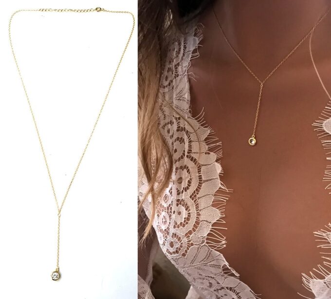 N7018c Collier avec zirconium blanc en Y - cravate argent plaqué or - Bijoux Colliers en ligne Ninanina