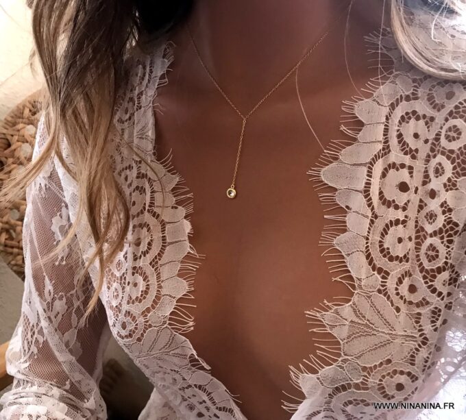 N7018d Collier avec zirconium blanc en Y - cravate argent plaqué or - Bijoux Colliers en ligne Ninanina