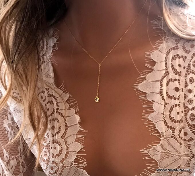 N7018e Collier avec zirconium blanc en Y - cravate argent plaqué or - Bijoux Colliers en ligne Ninanina