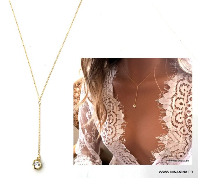 N7018f Collier avec zirconium blanc en Y - cravate argent plaqué or - Bijoux Colliers en ligne Ninanina