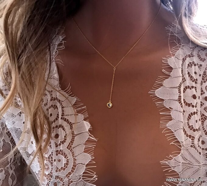 N7018g Collier avec zirconium blanc en Y - cravate argent plaqué or - Bijoux Colliers en ligne Ninanina