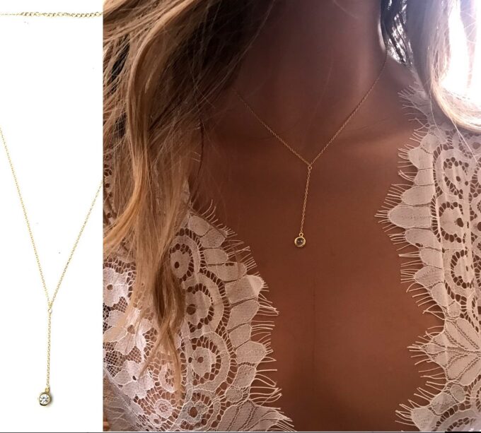 N7018h Collier avec zirconium blanc en Y - cravate argent plaqué or - Bijoux Colliers en ligne Ninanina