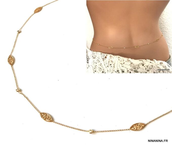 N7140a Chaine taille or plaqué oxyde de zirconium - bijou de hanche - Bijoux de corps en ligne Ninanina