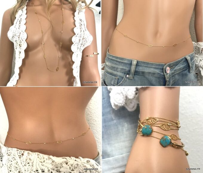 N7140b Chaine taille or plaqué oxyde de zirconium - bijou de hanche - Bijoux de corps en ligne Ninanina