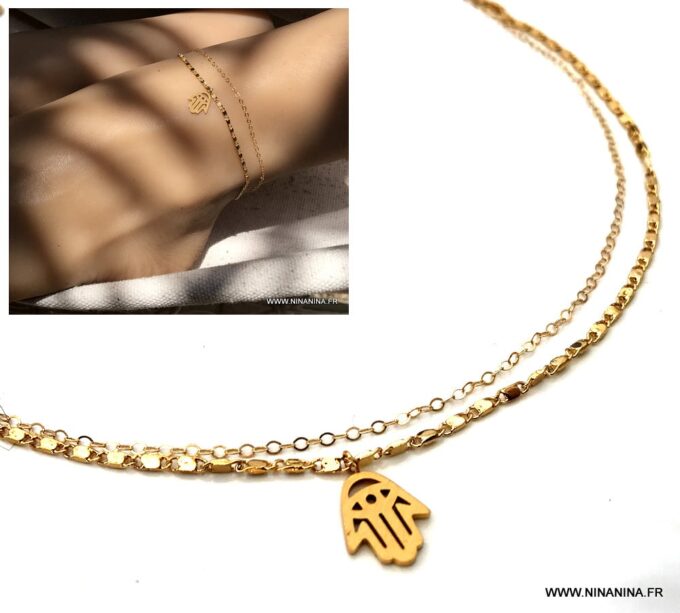 N7021a Chaine de cheville double plaqué or main de fatma dorée - Bijoux de pied en ligne Ninanina