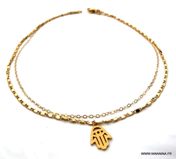 N7021d Chaine de cheville double plaqué or main de fatma dorée - Bijoux de pied en ligne Ninanina