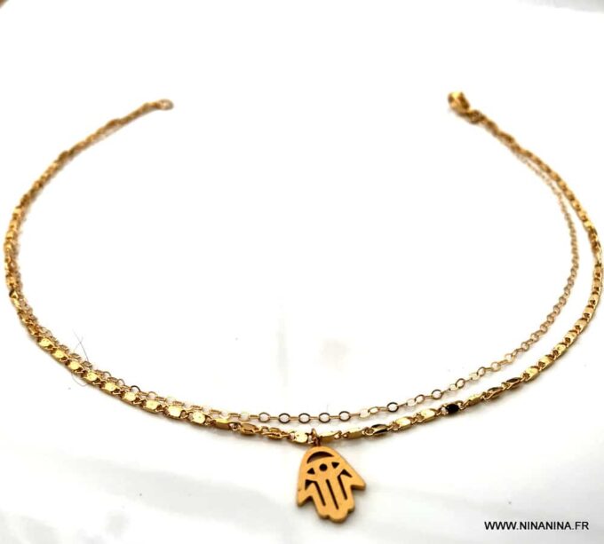 N7021g Chaine de cheville double plaqué or main de fatma dorée - Bijoux de pied en ligne Ninanina