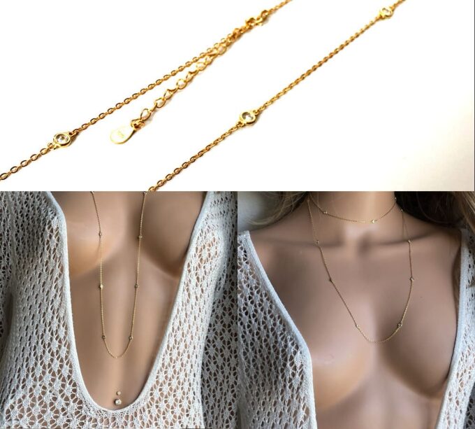 N7023 Sautoir or femme - collier long doré oxyde de zirconium blanc - Bijoux Colliers femmes en ligne Ninanina