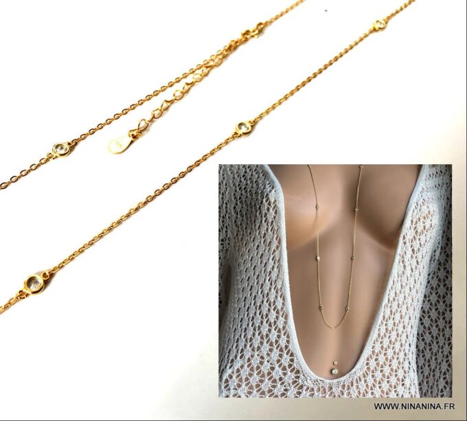 N7023a Sautoir or femme - collier long doré oxyde de zirconium blanc - Bijoux Colliers femmes en ligne Ninanina