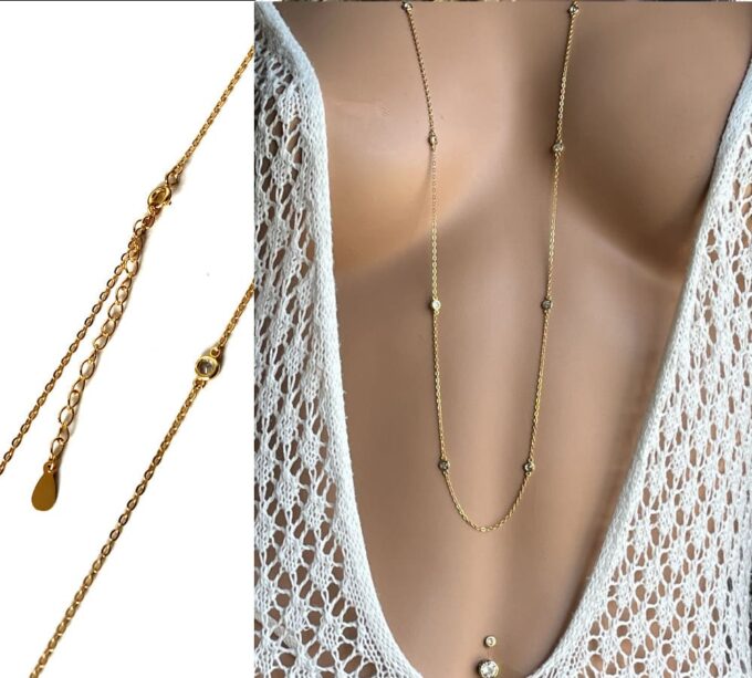 N7023b Sautoir or femme - collier long doré oxyde de zirconium blanc - Bijoux Colliers femmes en ligne Ninanina