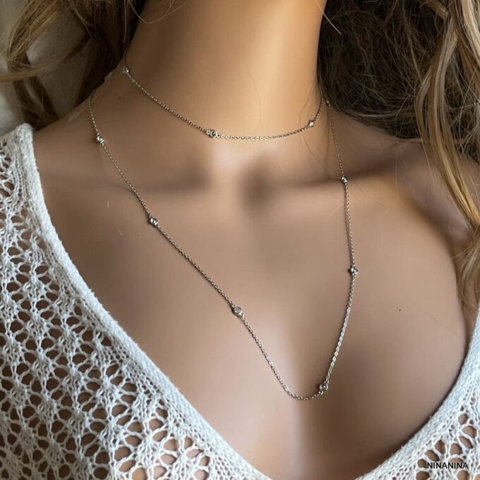 N7025b Chaine sautoir argent - collier long oxyde de zirconium blanc - Bijoux colliers femmes en ligne Ninanina