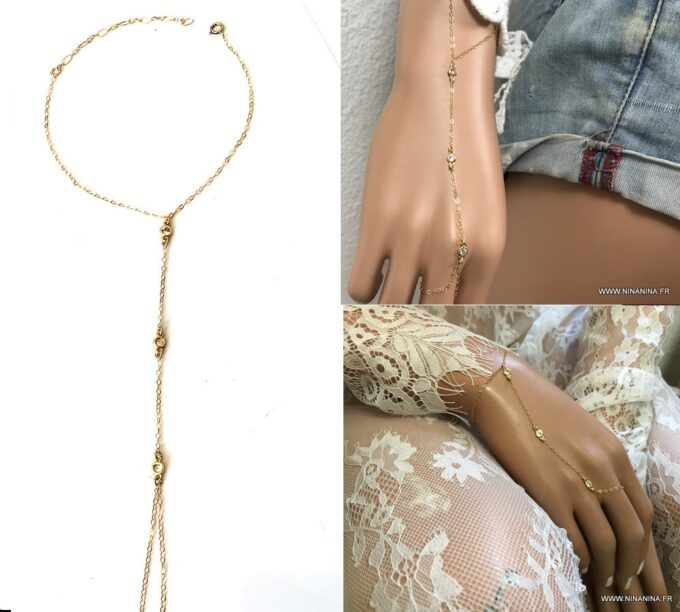 N7028 Bijou de main or plaqué - bracelet bague zirconium - Bijoux Bracelets en ligne Ninanina