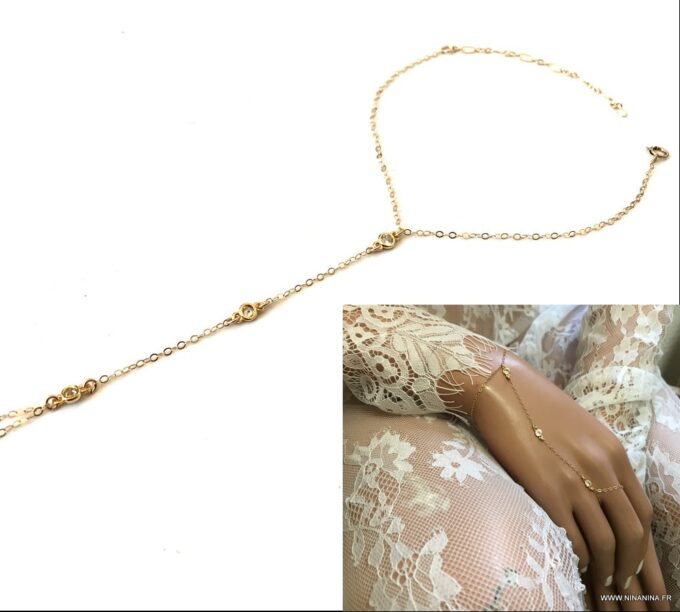 N7028a Bijou de main or plaqué - bracelet bague zirconium - Bijoux Bracelets en ligne Ninanina