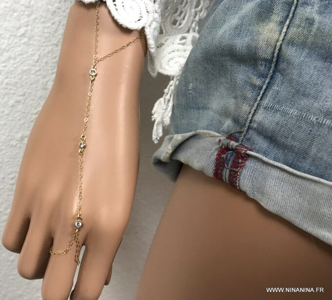 N7028b Bijou de main or plaqué - bracelet bague zirconium - Bijoux Bracelets en ligne Ninanina