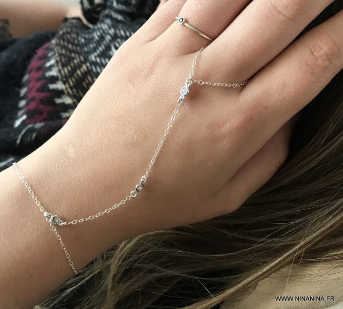 N7029d Bracelet doigt poignet argent - Bijou bague de main zirconium - Bijoux Bracelets en ligne Ninanina