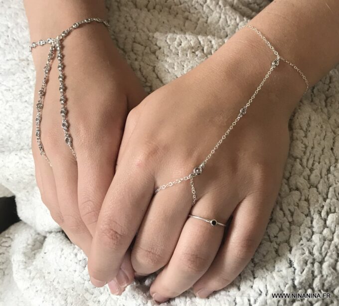 N7029e Bracelet doigt poignet argent - Bijou bague de main zirconium - Bijoux Bracelets en ligne Ninanina