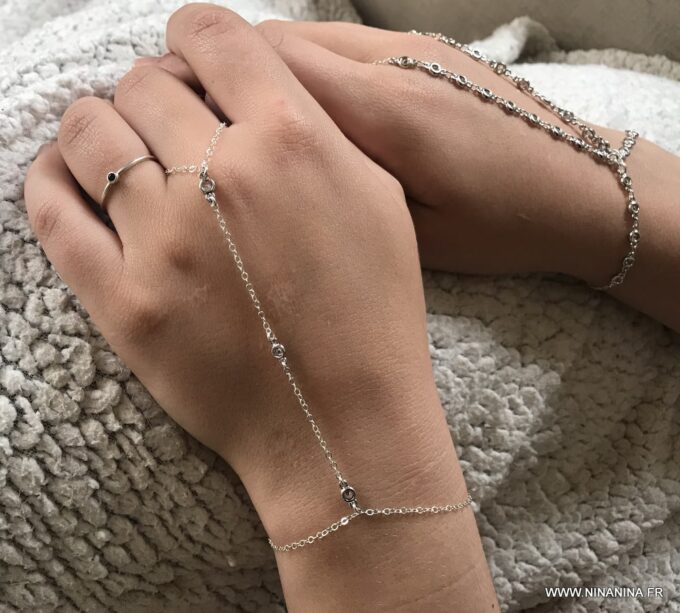 N7029h Bracelet doigt poignet argent - Bijou bague de main zirconium - Bijoux Bracelets en ligne Ninanina