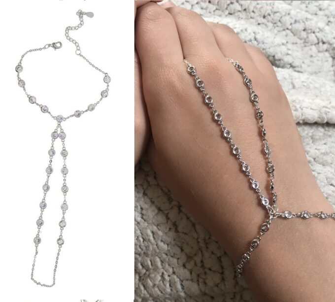 N7031a Bracelet esclave femme argent – Chaine de main zirconium - Bijoux Bracelets Femmes en ligne Ninanina