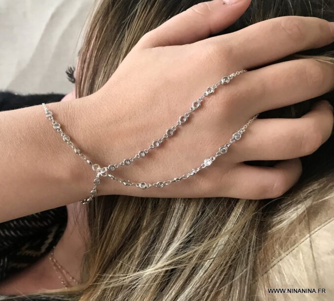 N7031a Bracelet esclave femme argent - Chaine de main zirconium - Bijoux Bracelets en ligne Ninanina